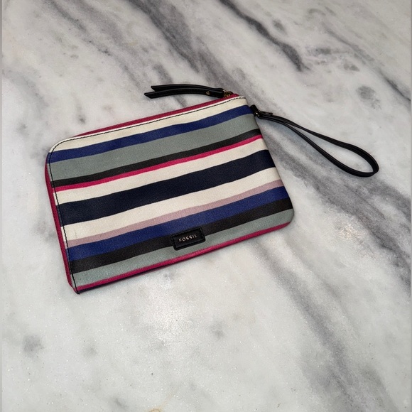 Fossil Zippered Clutch Bag Coated Canvas w/ Stripes Grey Pink Blue and Black - Picture 1 of 5